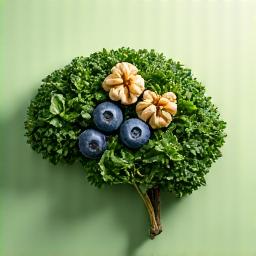Un cervello stilizzato con elementi vegetali e frutti di bosco che lo circondano, simbolo di nutrizione per la salute cognitiva.