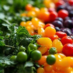 Un concentrato di frutta fresca e verdura verde, simbolo di energia e vitalità, con luce solare che lo illumina.