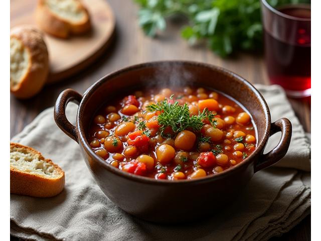 Una cena rilassante e antinfiammatoria, come una zuppa di lenticchie e verdure, servita in una ciotola rustica su un sottofondo caldo.