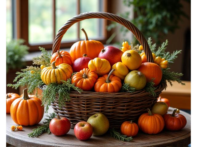 Un cesto di prodotti di stagione freschi e colorati, come zucca, mele, e erbe aromatiche, su una tavola di legno chiaro.
