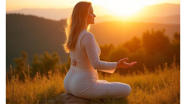 Donna di mezza età che pratica yoga all'aperto al tramonto, simboleggiando equilibrio ormonale e vitalità.