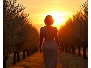 Donna matura che cammina serena in un giardino, simbolo di menopausa e rinnovamento